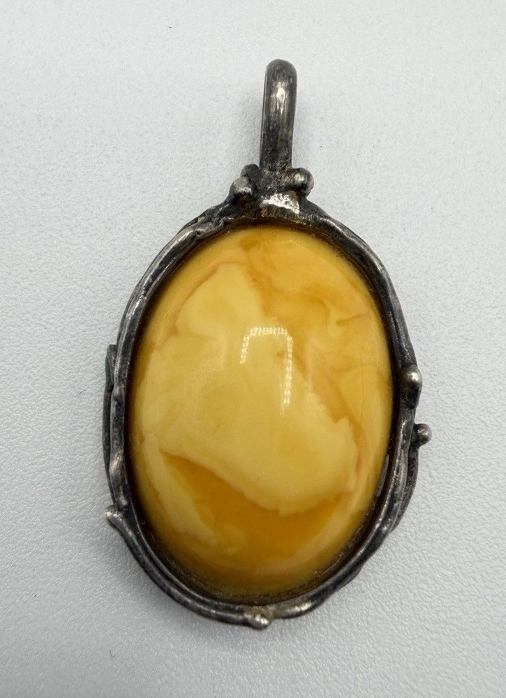 Antique Vintage Art Nouveau Egg Yolk  Amber  Sterling Silver Pendant