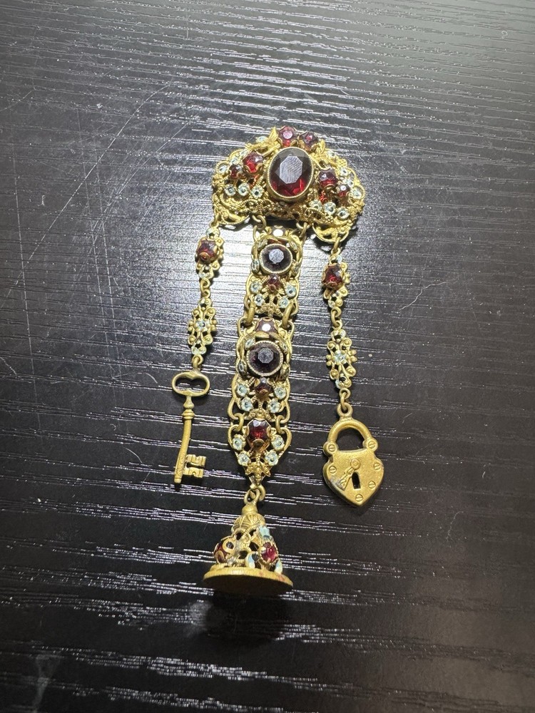Czech Art Deco Chatelaine Brooch Lock & Key Gold Gilt Pin Garnet Blue Enamel