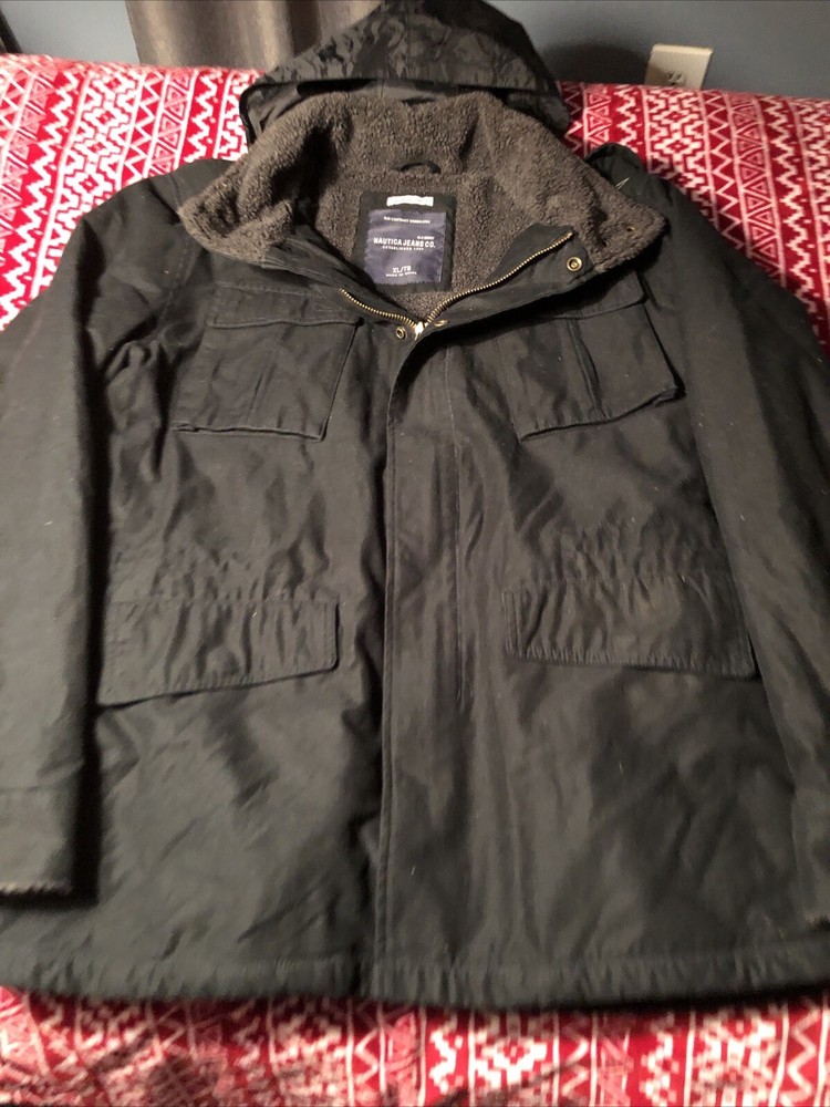 Men's Nautica Fleece Lined Jacket W/ Hood Black Snap/Zip Front XL. Pre- Owned.