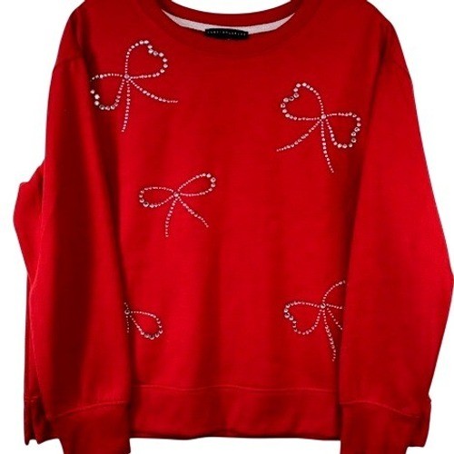 Jane + Delancey Red Rhinestone Bow Crewneck Sweatshirt Large Soft Fleece Lined