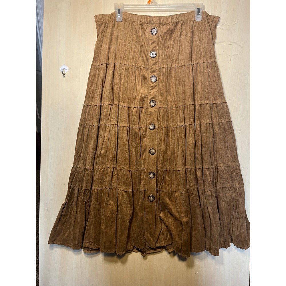 Coldwater Creek Faux Suede Tiered Midi Skirt Womens Large Boho Button Front
