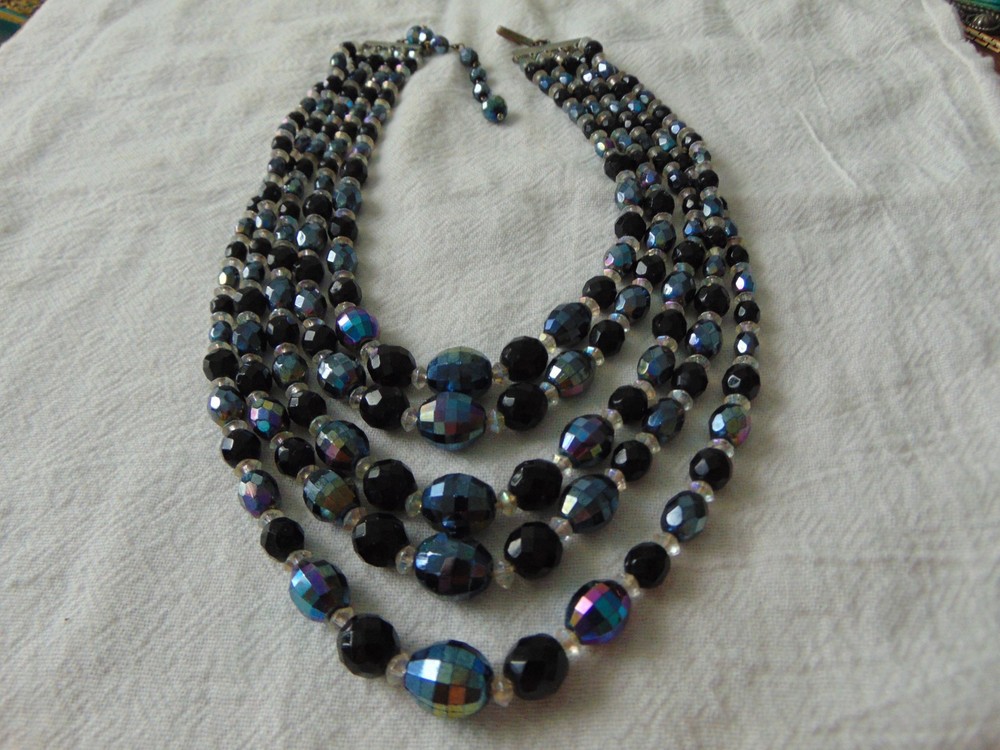 vintage 5 strand ab faceted prism oval crystal beads clear crystals necklace
