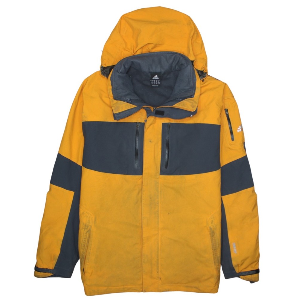 Adidas Mens Windbreaker Jacket Yellow Grey Hooded Full Zip Pockets Stripe XL