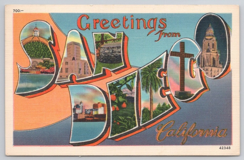 Greetings from San Diego California Large Letter Linen Postcard 1940s Herz