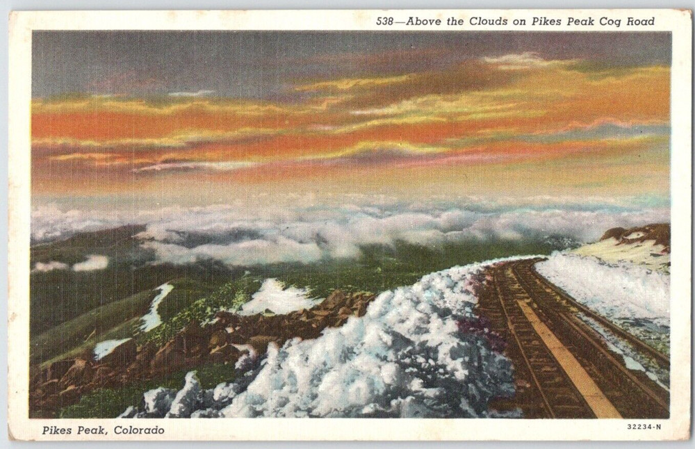 Colorado Manitou Cog Railroad Pikes Peak Above the Clouds Unposted Vtg Postcard