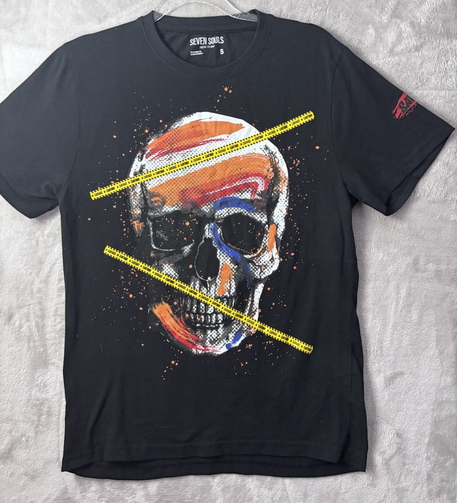 Seven Souls Skull Graphic T Shirt Mens Small Black Streetwear Caution Tape Tee