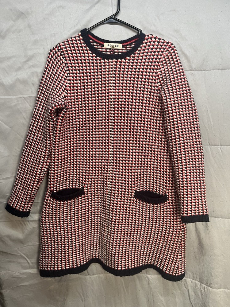 Boden Knit Sweater Dress Womens US 4 Red White Navy Blue Houndstooth Pockets