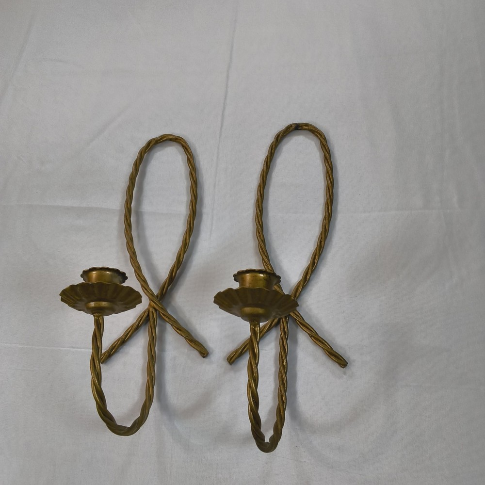 Vintage Pair of 12” Gold Metal Twisted Rope Candle Holders Wall Sconces