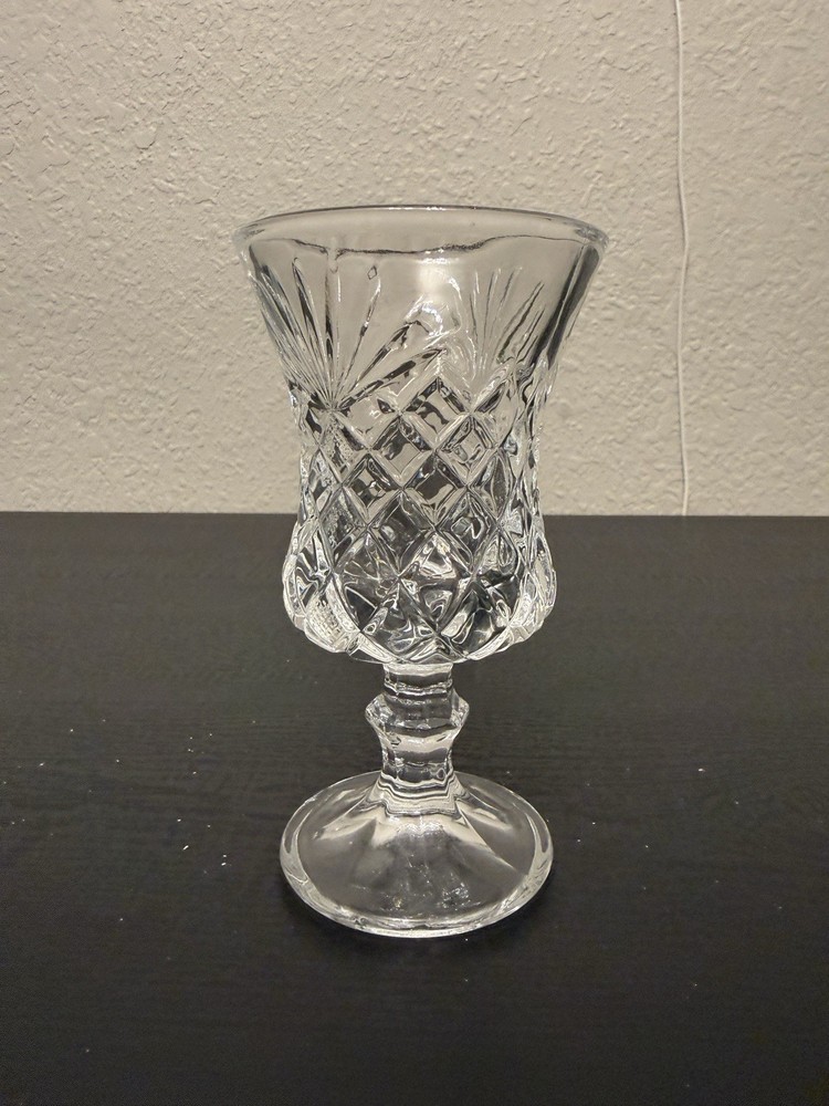 Set of 2 Vintage Cut Crystal Wine Goblets Diamond Fan Pattern Footed Stem