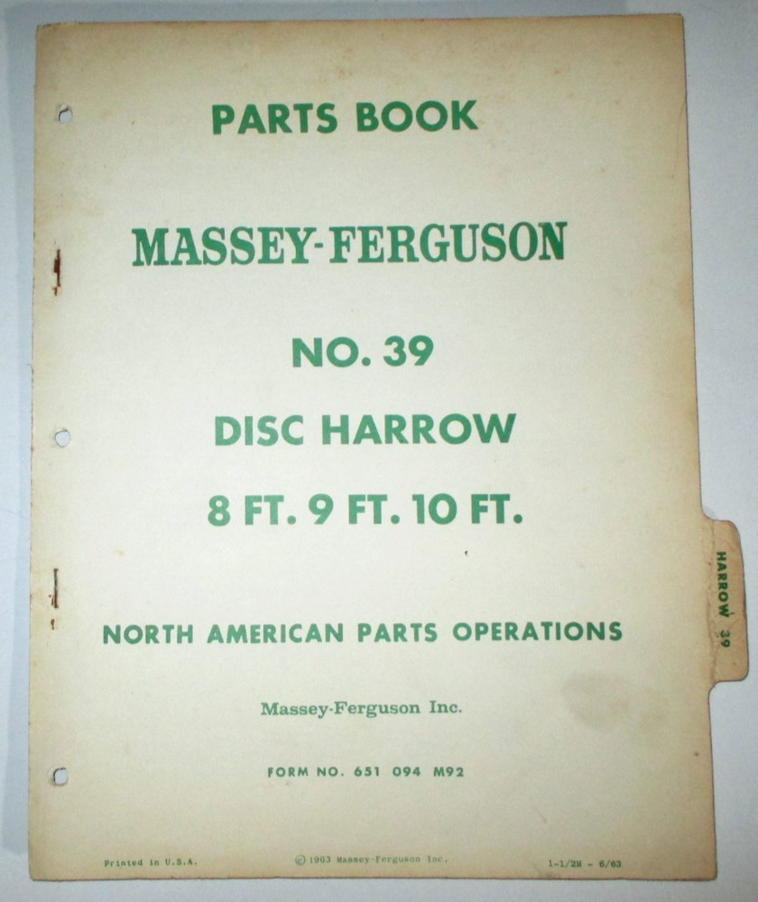 Massey Ferguson MF 39 Disc Harrow Parts Catalog Manual Book 6-63 ORIGINAL!