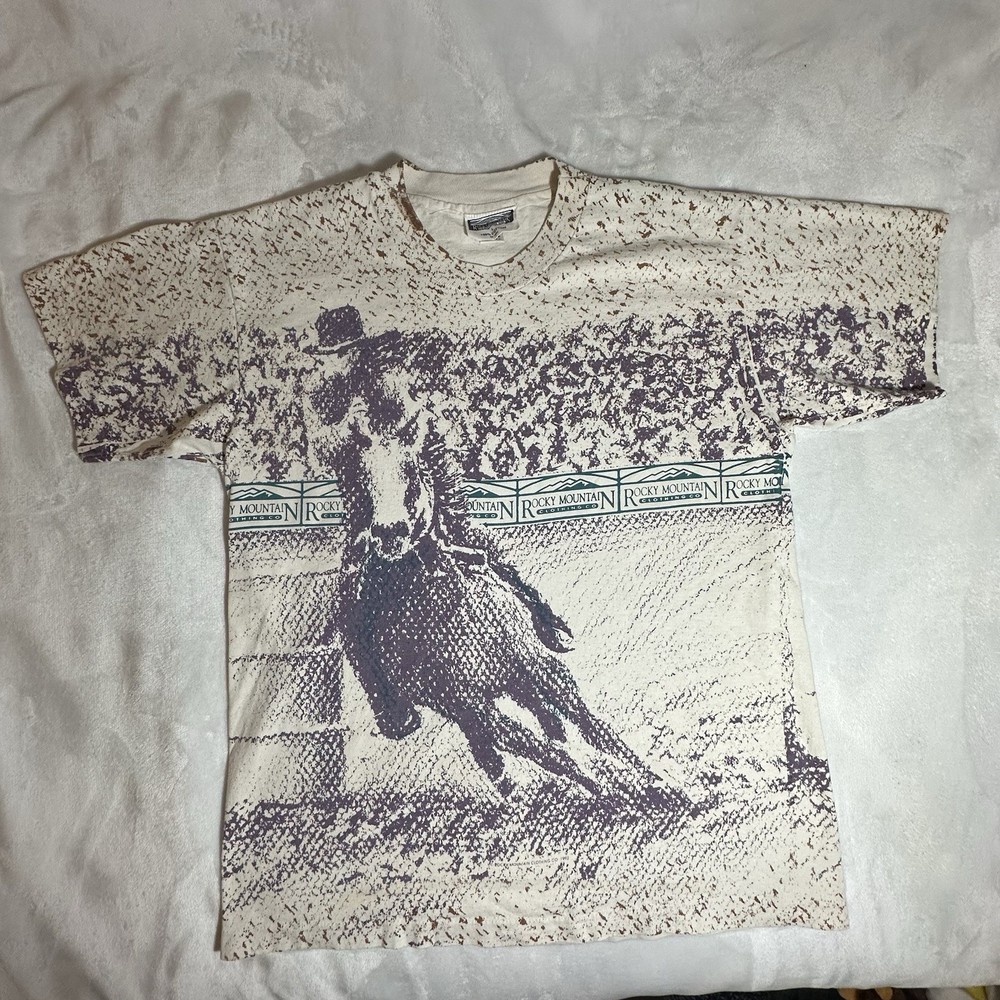 1992 Rocky Mountain Horse Racing AOP T-Shirt Size Large Single Stitch Vintage