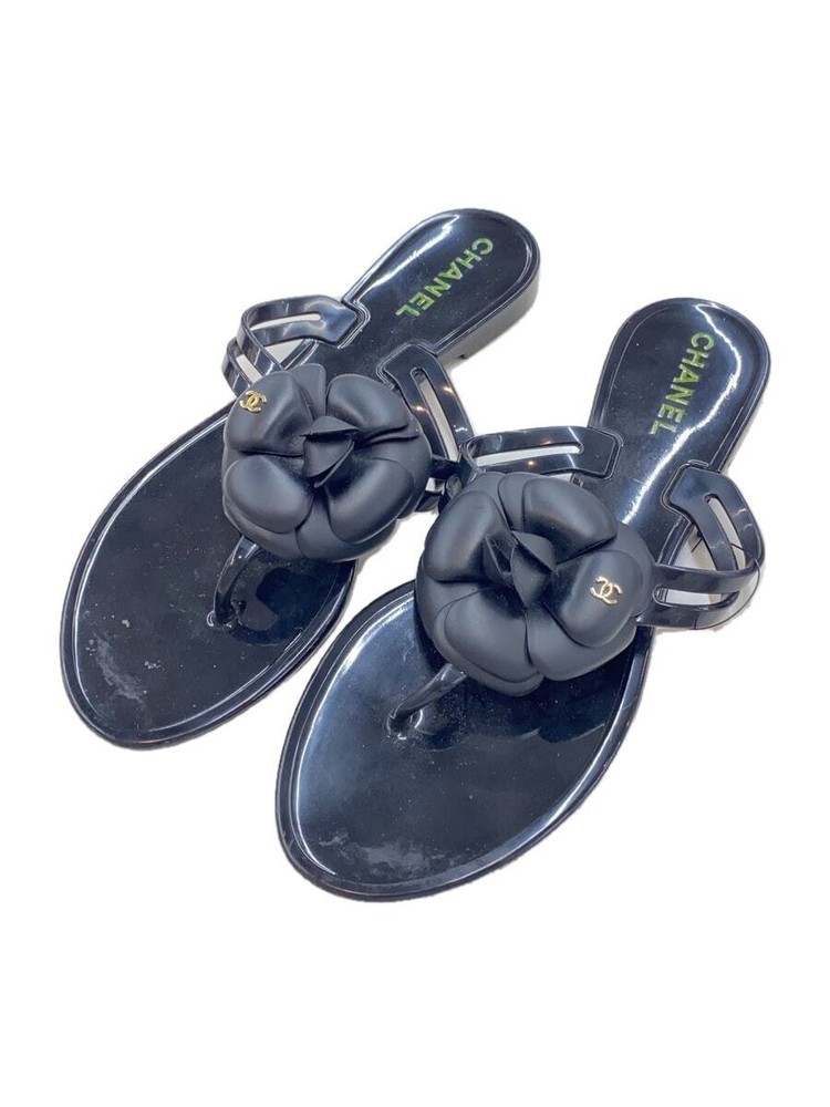 Chanel Black Camellia CC Rubber Flip Flop Sandals Size EU 37 Pre-Owned