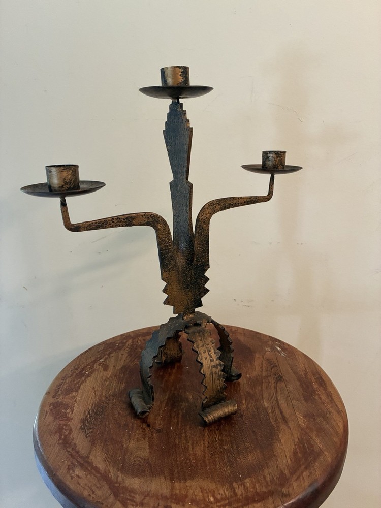 VTG Brutalist Wrought Iron 3 Arm Candelabra Made In Spain 14”