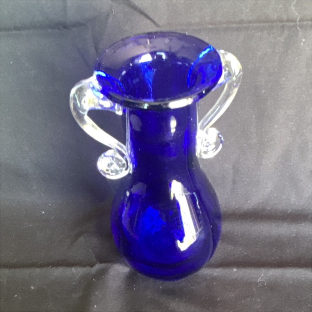 Cobalt Blue Glass Vase Decorative Clear Handles Glossy Finish