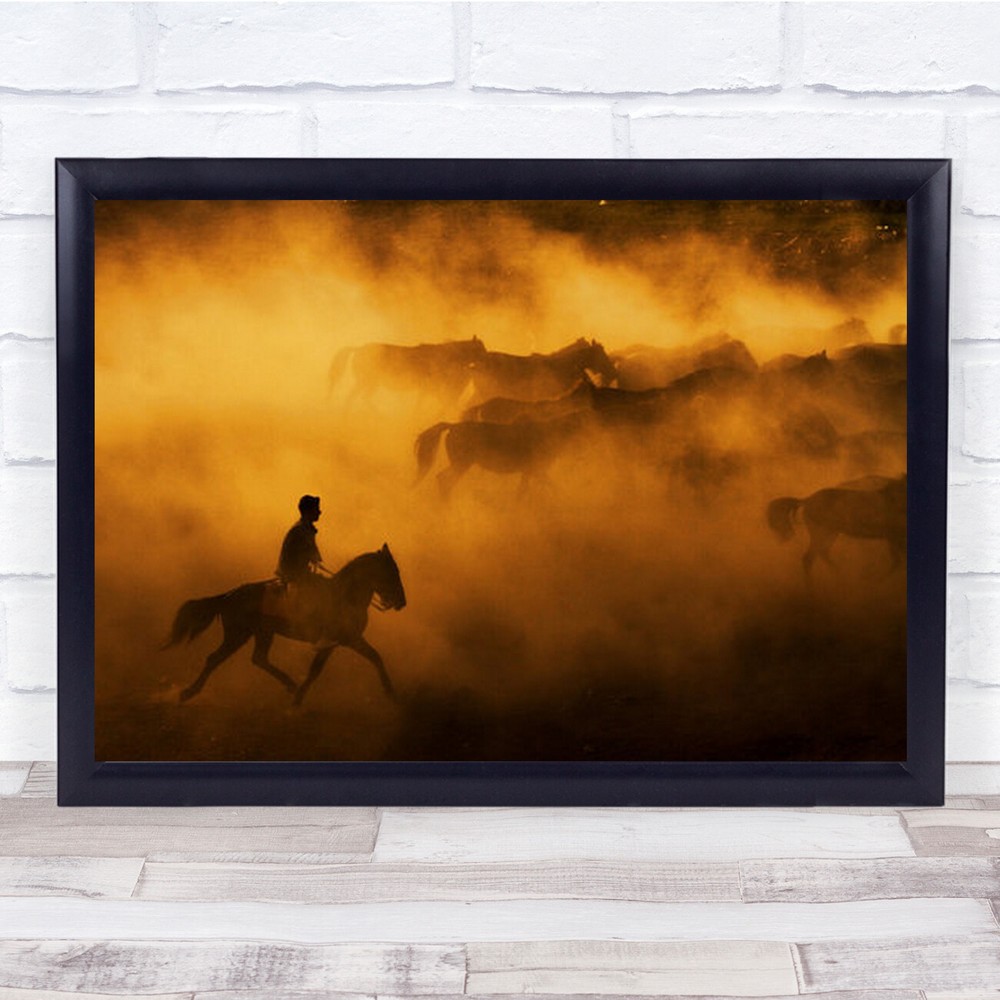Cowboy Rider on Horse Gold Silhouette Wall Art Print