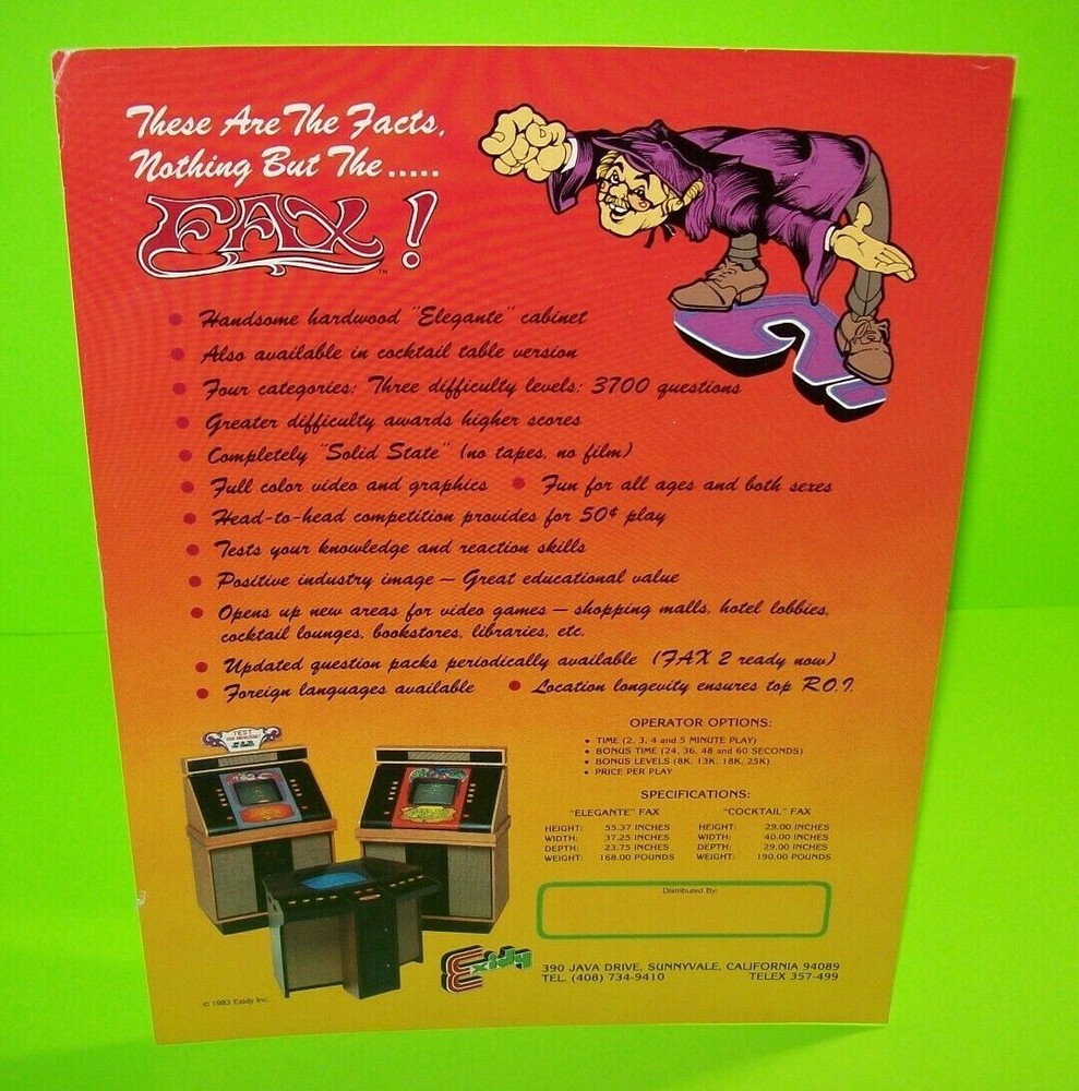 Fax Arcade FLYER Original 1983 Video Trivia Game Promo Artwork Sheet Exidy