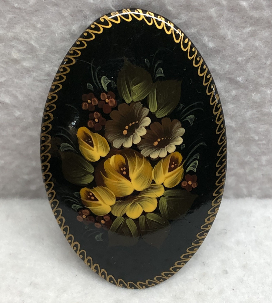 Vintage Russian Black Lacquer Hand Painted Floral Folk Art Pin Brooch Signed