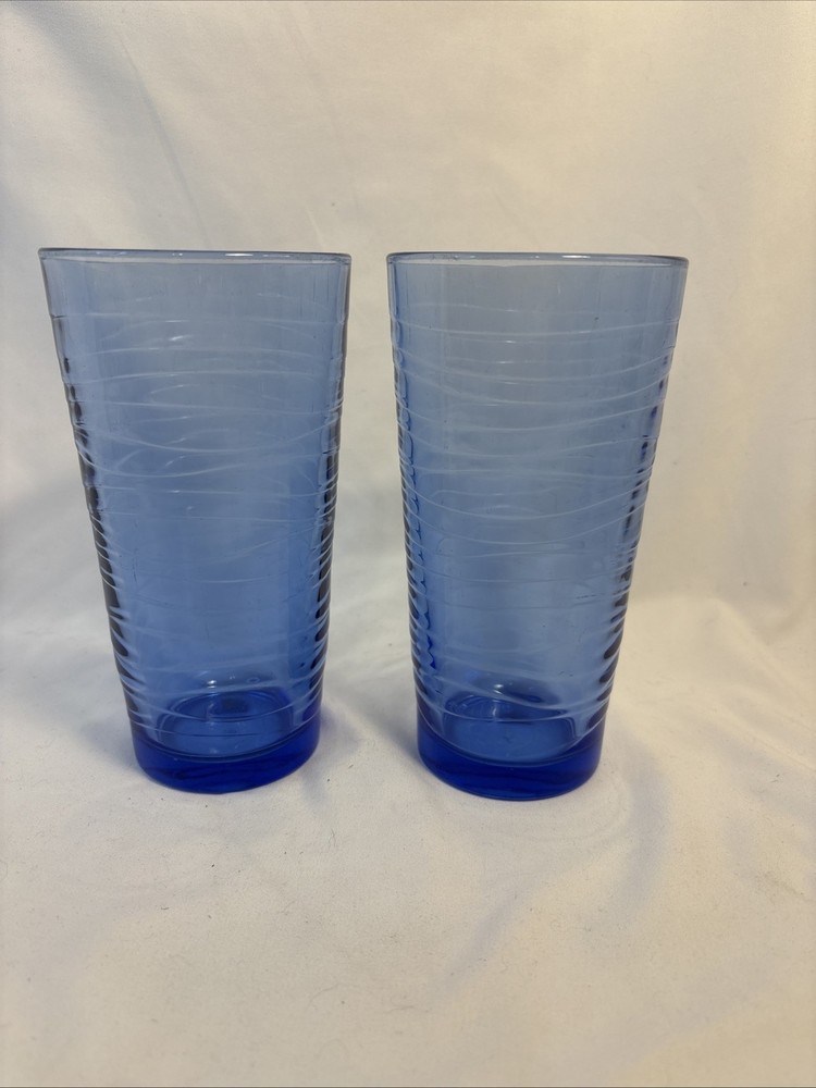 Set Of 2 Vintage Libbey Glass Hoops Cobalt Blue Iced Tea Tumbler 14 oz 6.5”