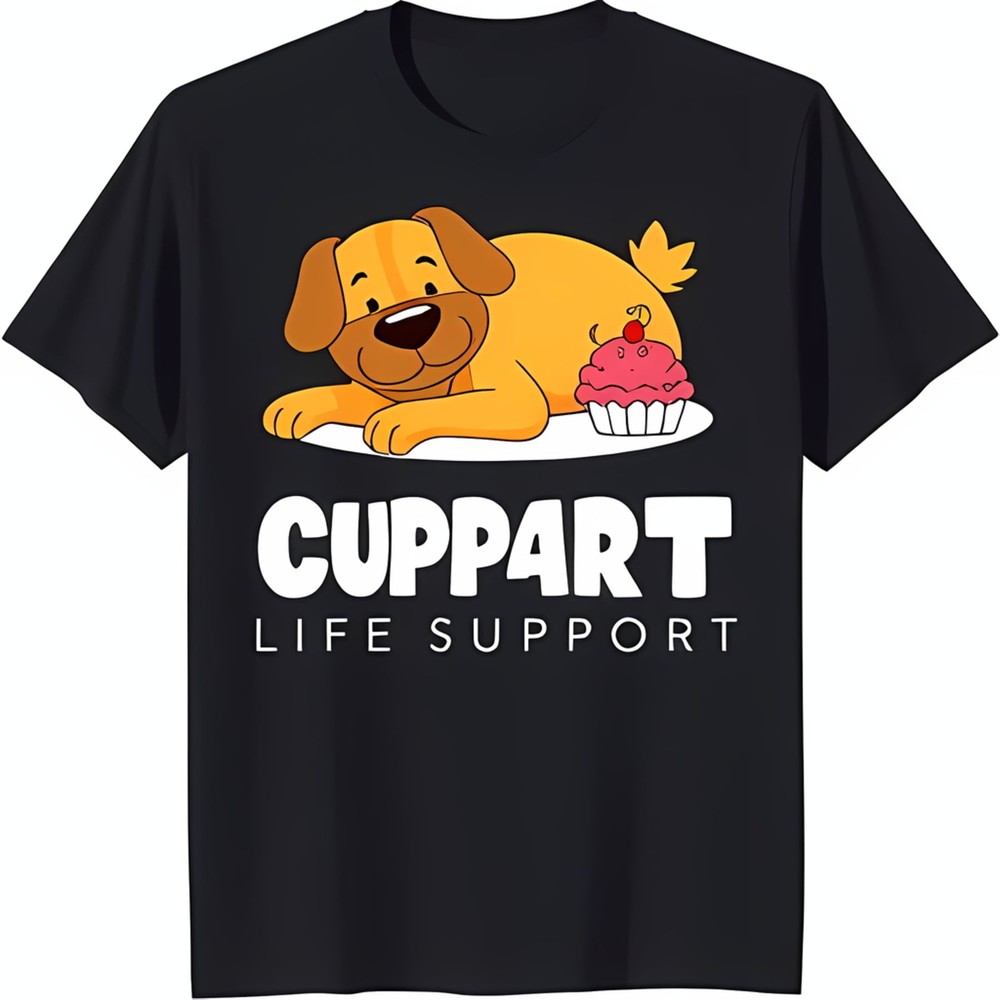 Funny Black T-Shirt with Cartoon Dog & Cupcake Graphic 'Cuppart '