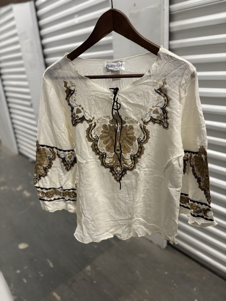 PRETTY GIRL Boho Embroidered Peasant Blouse White Cotton Tunic Top Cream Brown M
