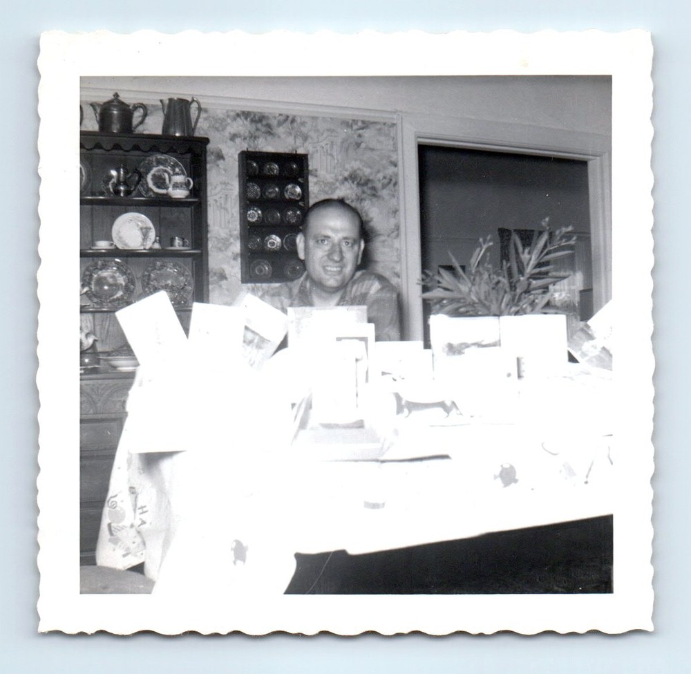 Old Vintage Square Photo SOLO MAN SITTING AT TABLE BIRTHDAY 1958 SNAPSHOT