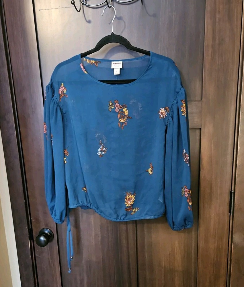 EUC Women's Teal Floral Sheer Chiffon Boho Tunic Top Blouse Size Small