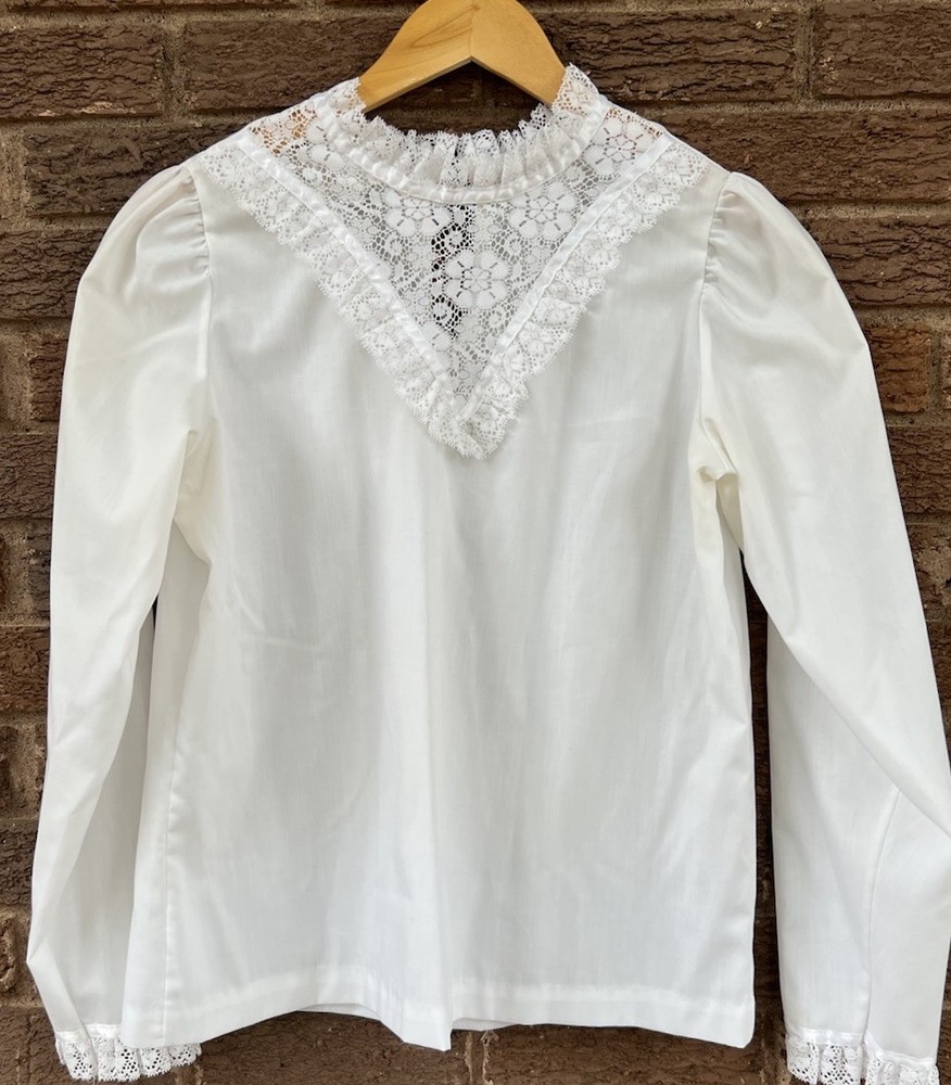 Vintage New Fashion White Lace Trim Blouse Top Size 10 High Neck Victorian