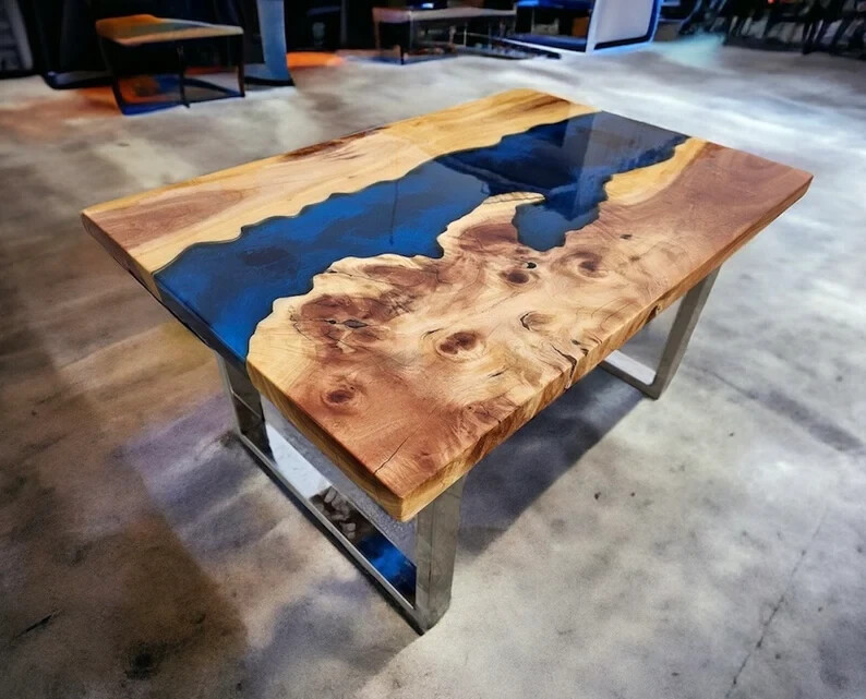 Blue River epoxy Dining Table, Live Edge Epoxy Wooden Table, Furniture Decor