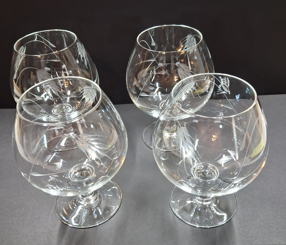 (4) Vintage Noritake Sasaki Crystal Etched Wheat Pattern Brandy Snifter Glasses