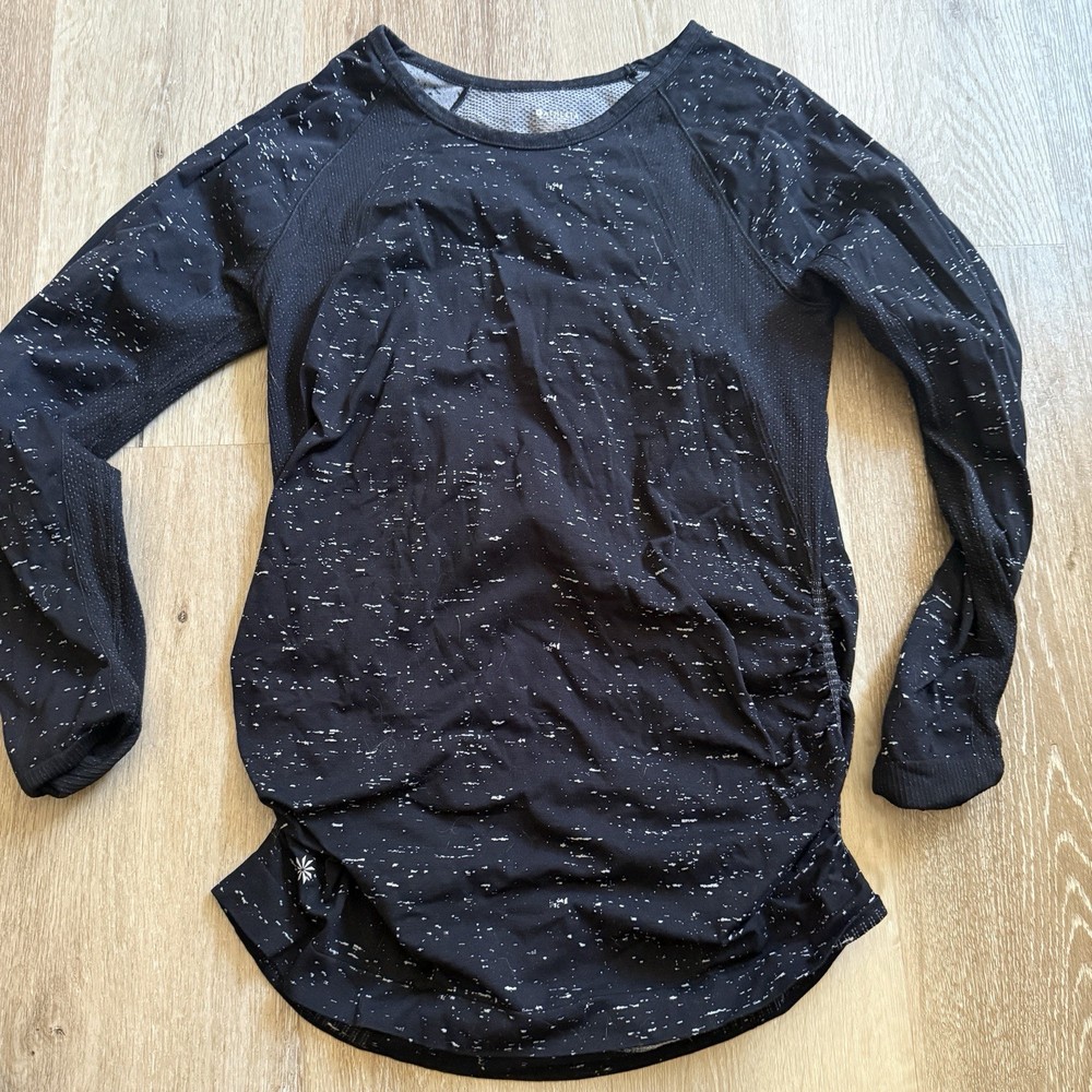Athleta Black Speckle Long Sleeve Top Ruched Side Women’s Size Large