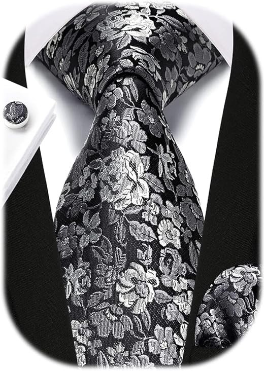 Black and Silver Floral Tie and Pocket Square Silk Tie Cuffflinks Set Formal ...