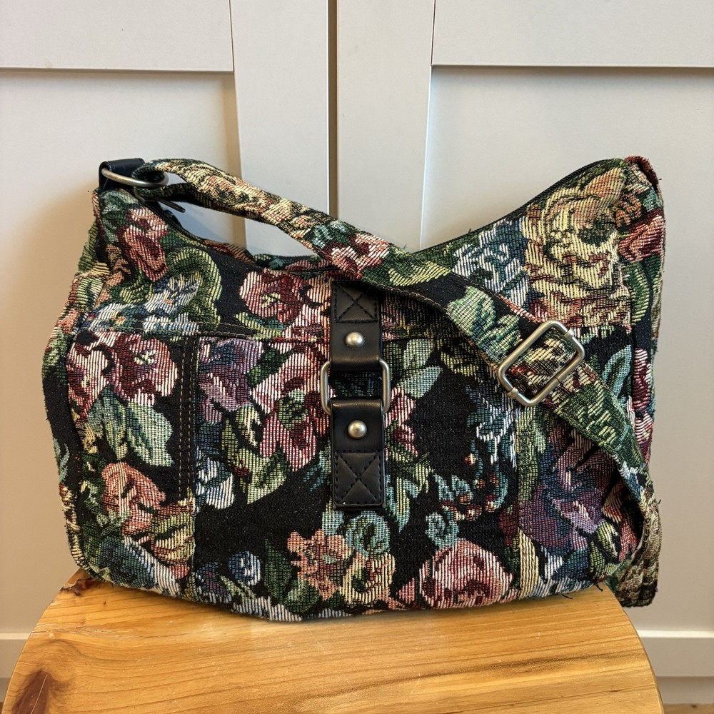 Vintage Floral Tapestry Handbag Purse Boho Carpet Bag Zipper Top Multicolor