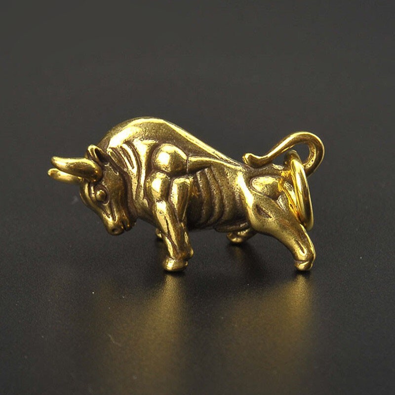 Pure Brass Bull Keychain Pendant Ring Hanging Ornament Miniature Tea Pet Craft