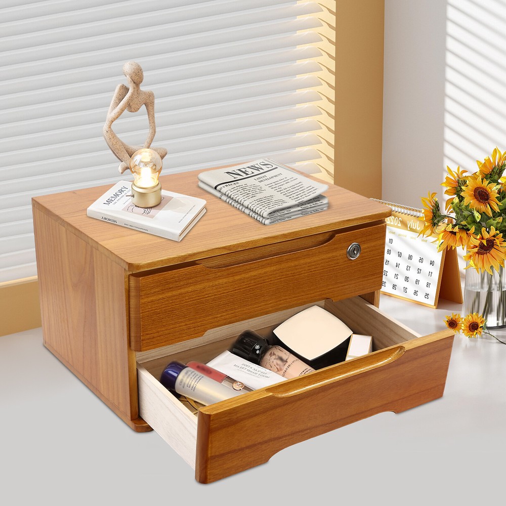 2 Tiers Desktop Storage Cabinet Wooden Tabletop Organizer Box Lockable w/Drawers