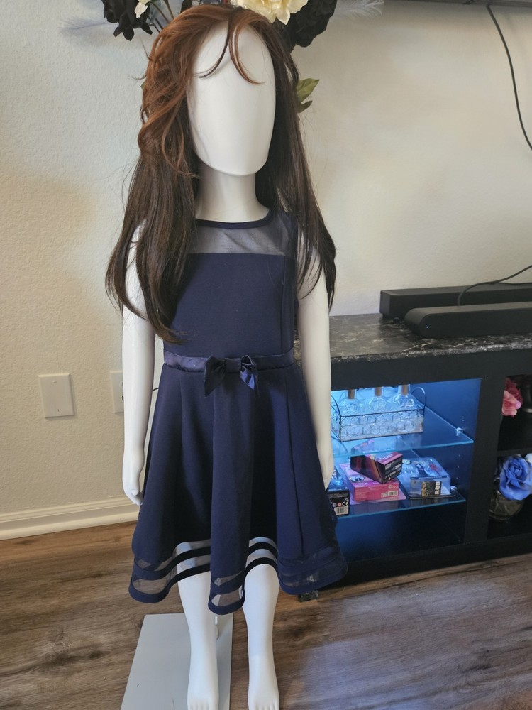 Calvin Klein Girls Fit & Flare Navy Blue Mesh Bow Party Dress Sleeveless 6X