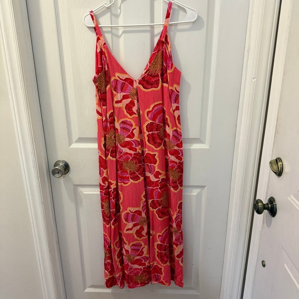 LOFT Women Size 4 Floral Maxi Dress Pink Red Sleeveless V Neck Linen Sundress