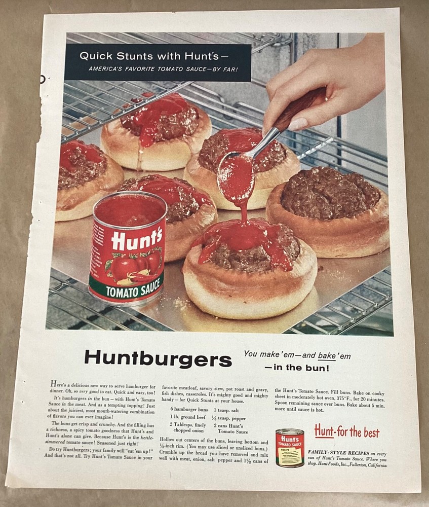 Hunt’s tomato sauce print ad 1956 vintage 1950s retro food decor burgers recipe
