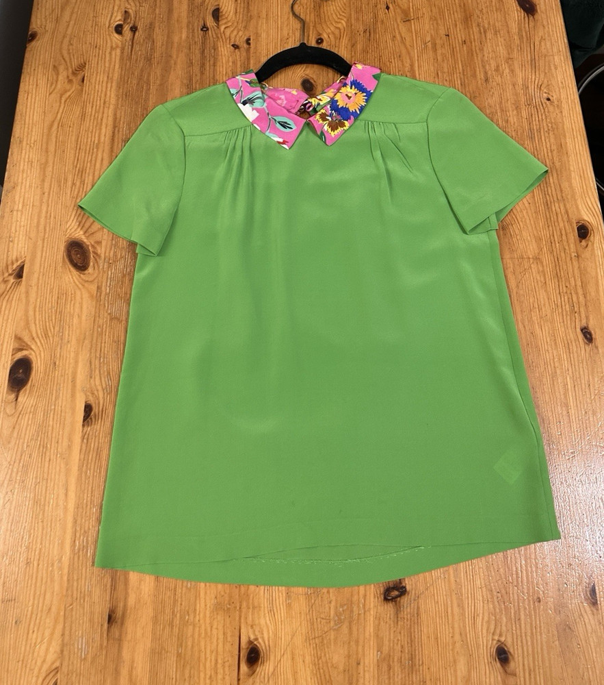 Kate Spade Life Women's Green Silk Blouse Floral Peter Pan Collar size Small