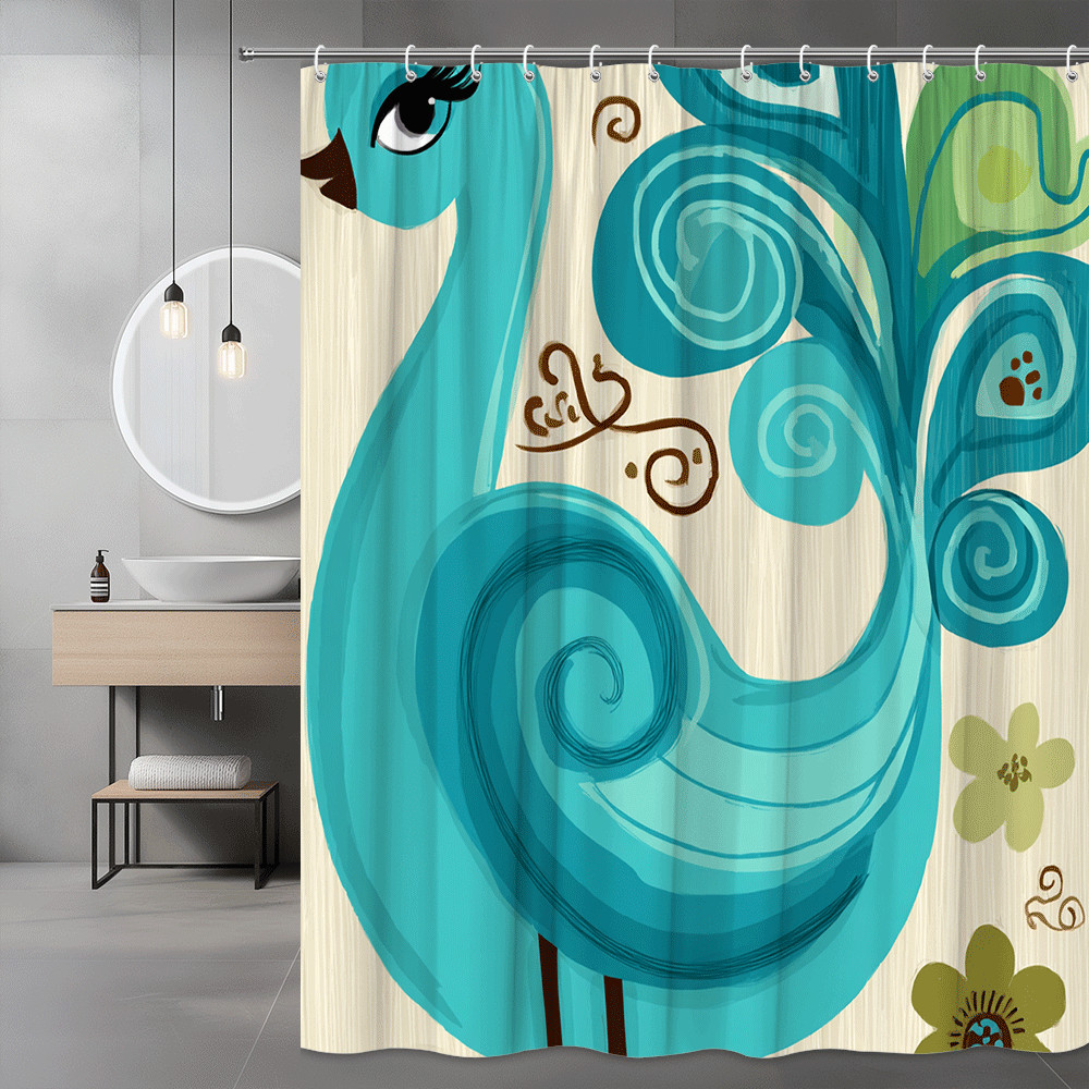 Peacock Floral Shower Curtain Blue Green Abstract Bird Print