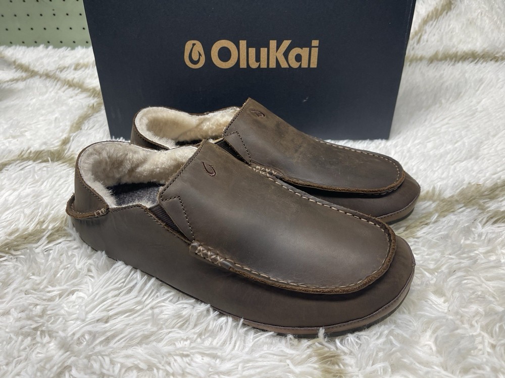 🧡NWT*Olukai Moloa Men's Size 11 Dark Wood Leather Shearling Slippers Fast Ship