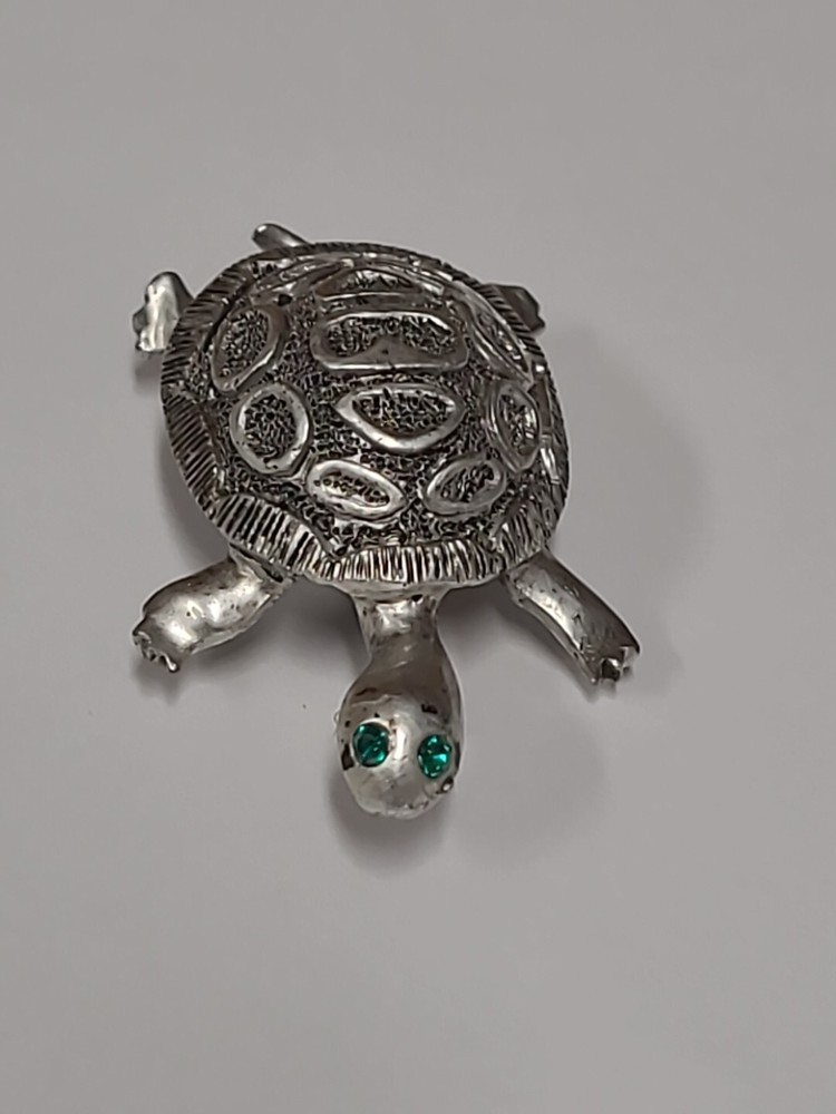 Vintage JJ Johnette Turtle Brooch Pin Silvertone Signed Rhinestones Green Eyes
