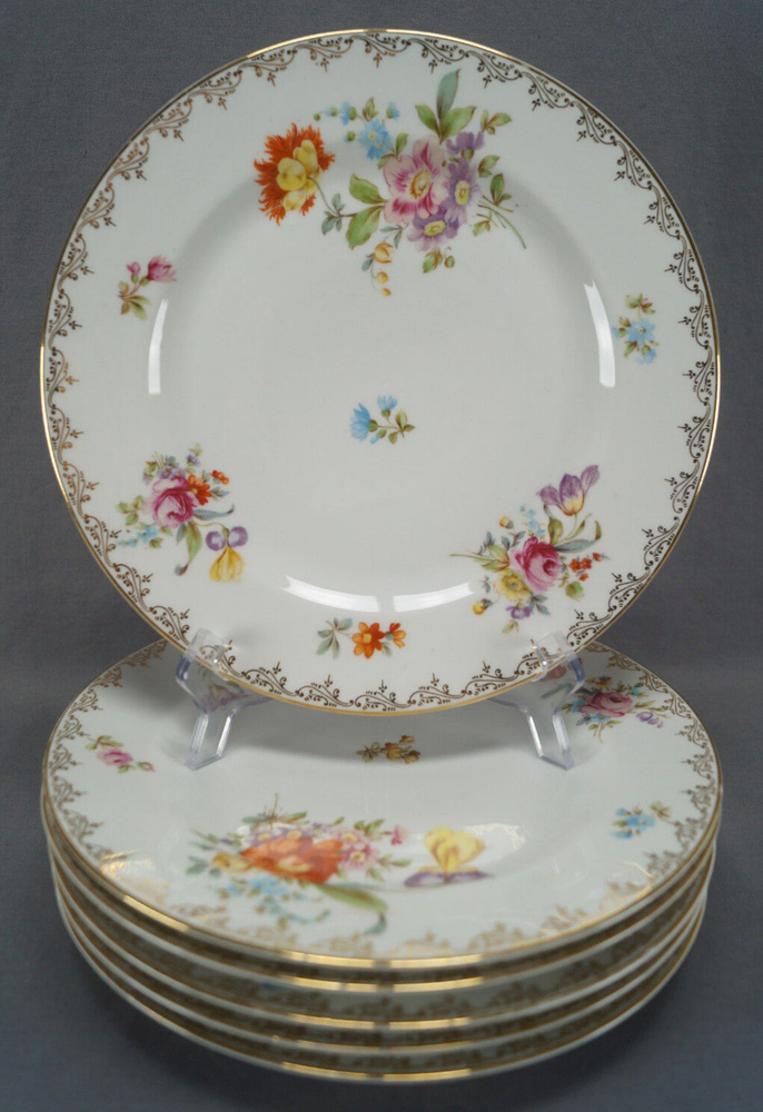 Set of 6 Fraureuth Dresden Style Floral & Gold 10 1/2 Inch 22536 Dinner Plates
