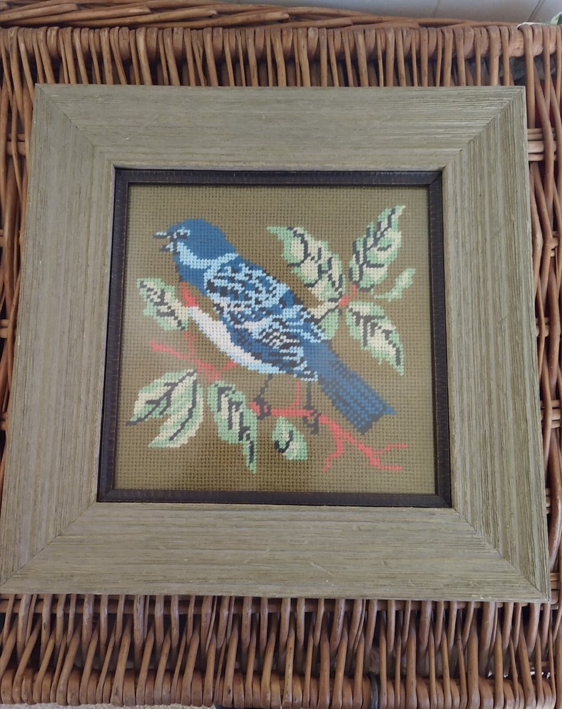 Vintage Blue Jay Needlepoint Art Framed 14 Inch Wall Decor