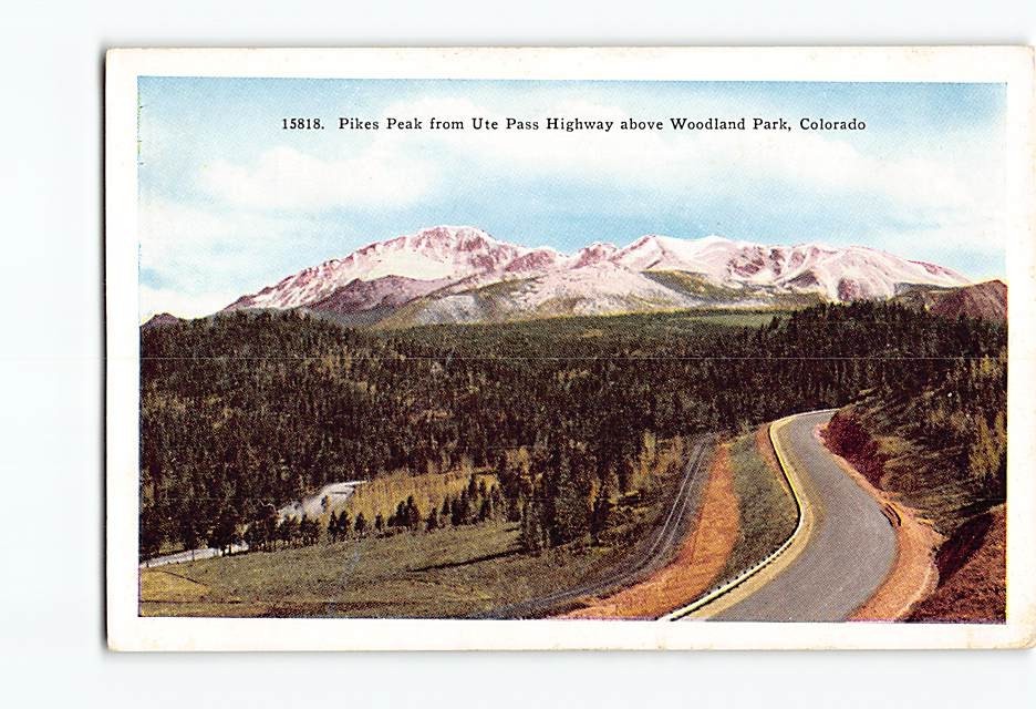 Postcard Pikes Peak from the Ute Pass Highway above Woodland Park Colorado USA