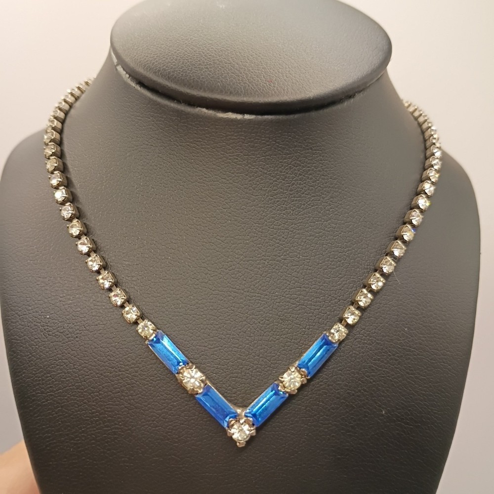 Vintage Blue Crystal Rhinestone Necklace Silver Tone Bridal Prom 15