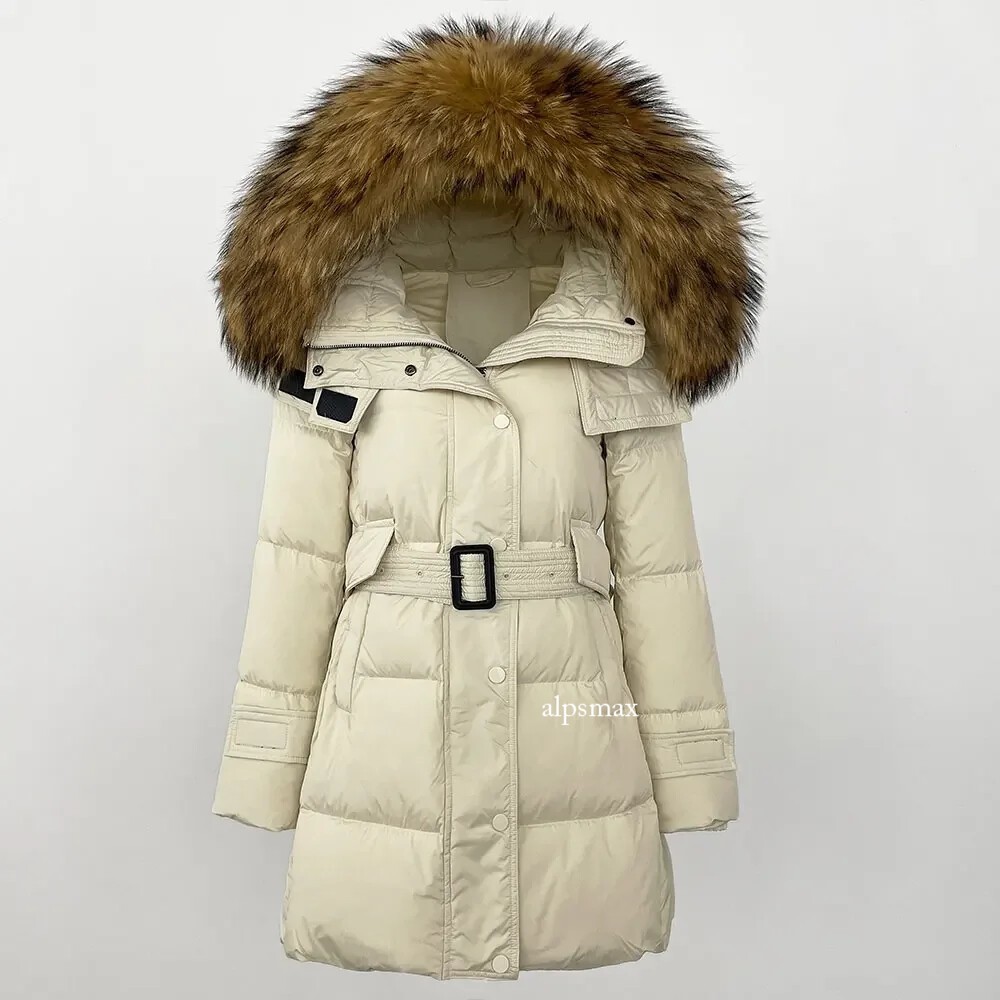 Ladies Winter Warm Long Down Jacket Fox Fur Collar Women White Duck Down Coat