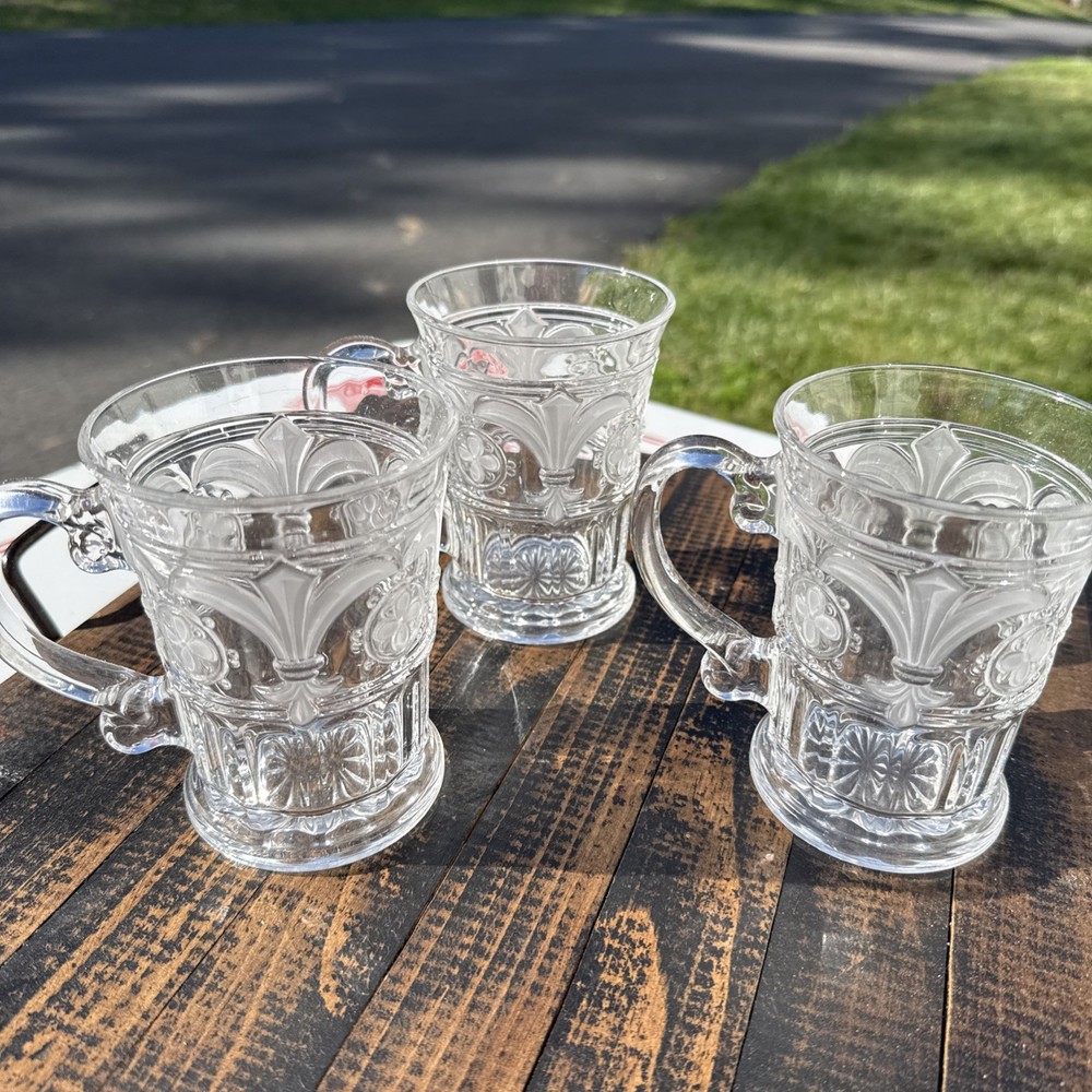 Clear & Frosted Coffee/Tea Cup/Mug w/Handle, Fleur De Lis & Flowers, Set of 3