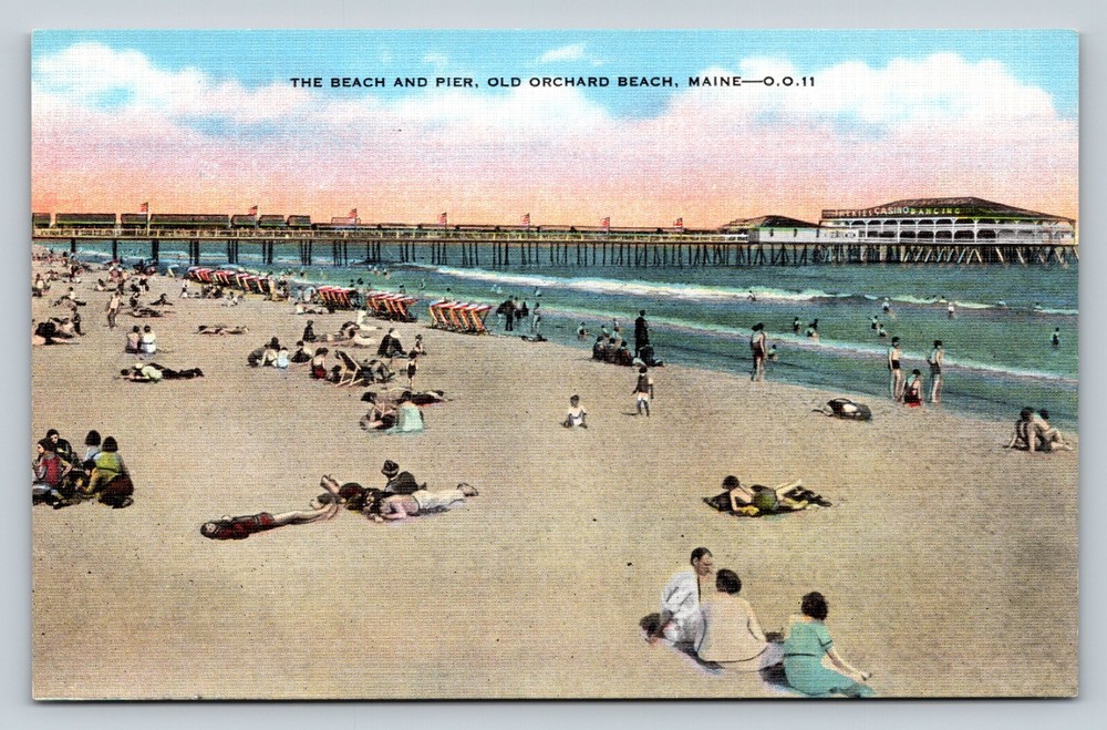 Old Orchard Beach & Pier Maine ME Swim Casino US Flags VINTAGE Postcard