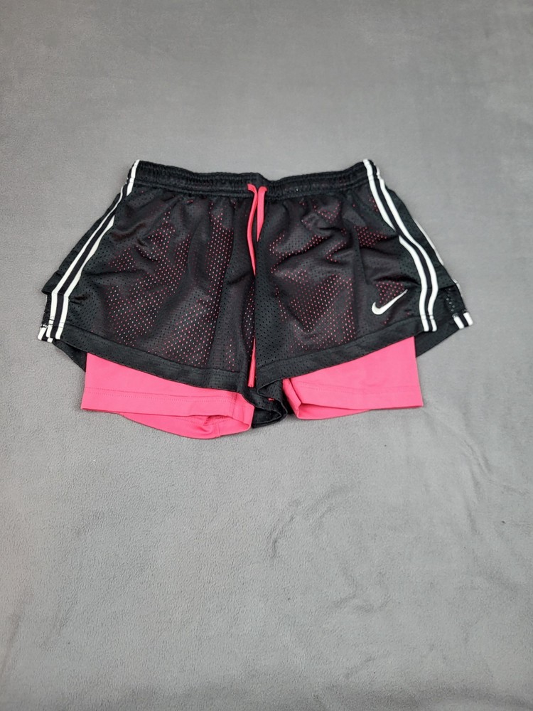 Nike Pro Dri-Fit Shorts Women Medium Black Double Up Drawstring Lightweight Mesh