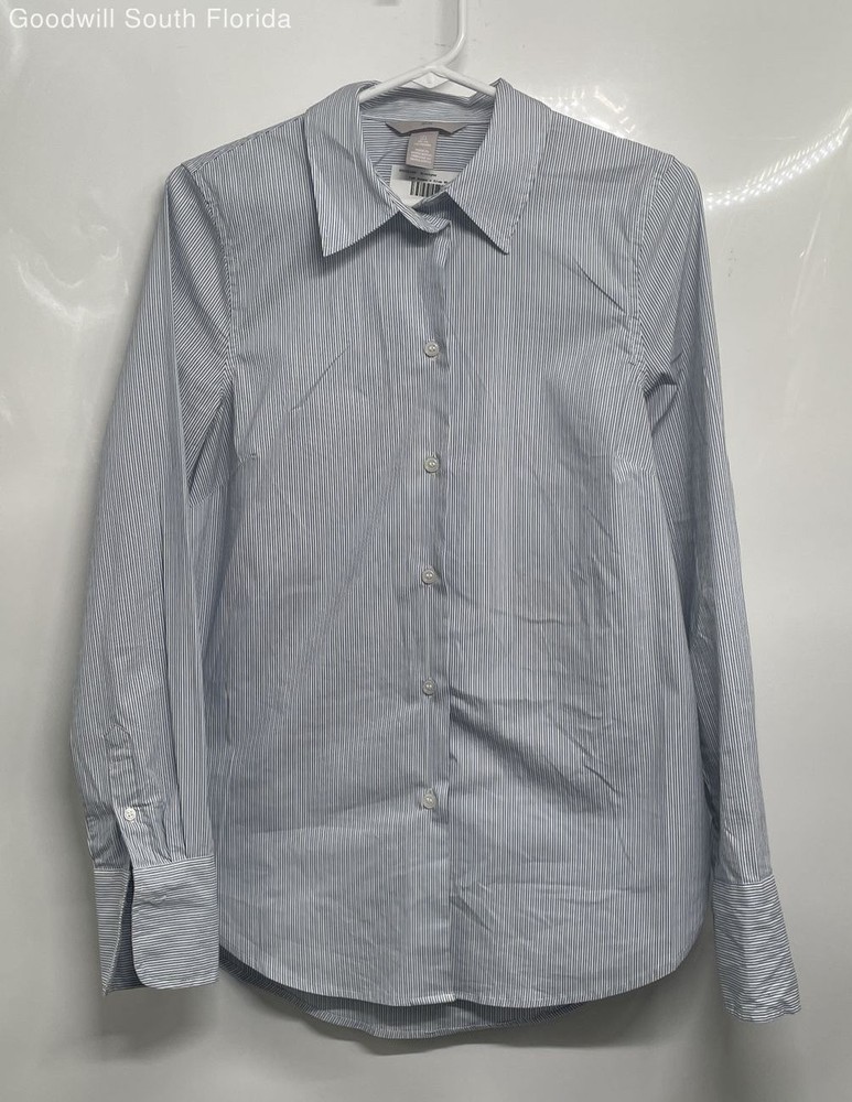 H&M Womens Blue White Striped Spread Collar Long Sleeve Button-Up Shirt Size S